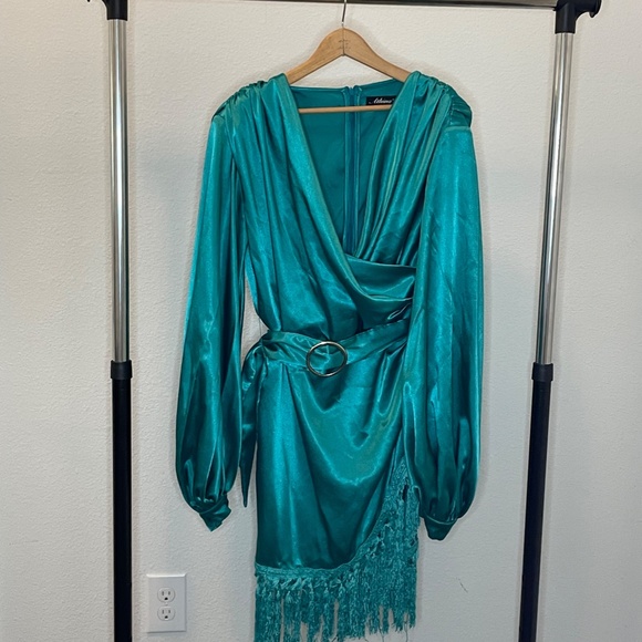 Too Hot to Handle Satin Bell Sleeve Dress with Fringe Detail - Picture 2 of 4